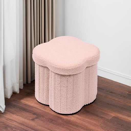 B FSOBEIIALEO Storage Ottoman Cube, Flowers Shaped Ottomans with Storage Foot Stool Footrest for Lving Room, Boucle Ottoman Seat for Dorm Room,Faux Teddy Fur, Pink 12.6"x12.6"x12.6"