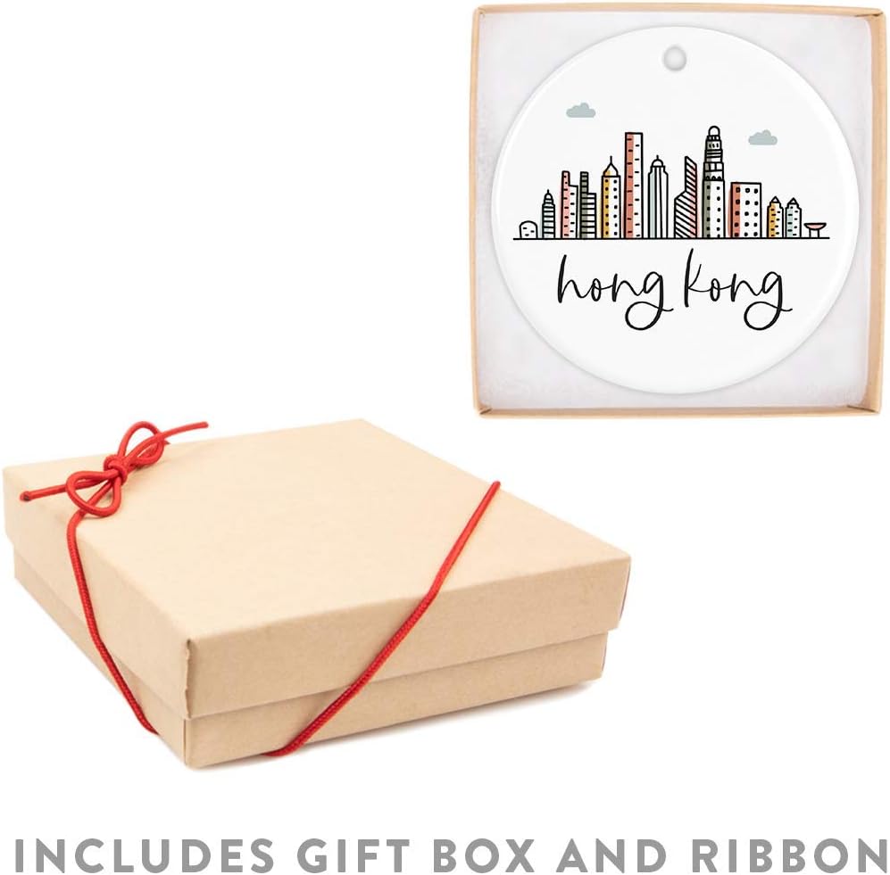 Andaz Press Round Ceramic Porcelain Christmas Tree Ornament Keepsake Gift, Hong Kong, Colorful International City Skyline Graphic, 1-Pack, Birthday Family Coworker Him Her, Gift Box