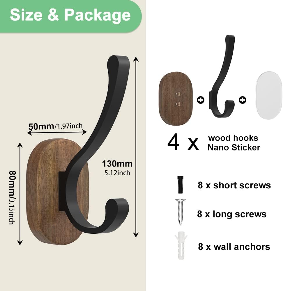 Wall Hooks for Hanging Coats - 4 Pack Coat Hooks Wall Mounted, Wood Coat Hooks for Wall, Bussdis Single Metal Hooks for Hanging Hats, Keys, Towel, Robe, Purse, Jackets, Decorative Livingroom, Bathroom