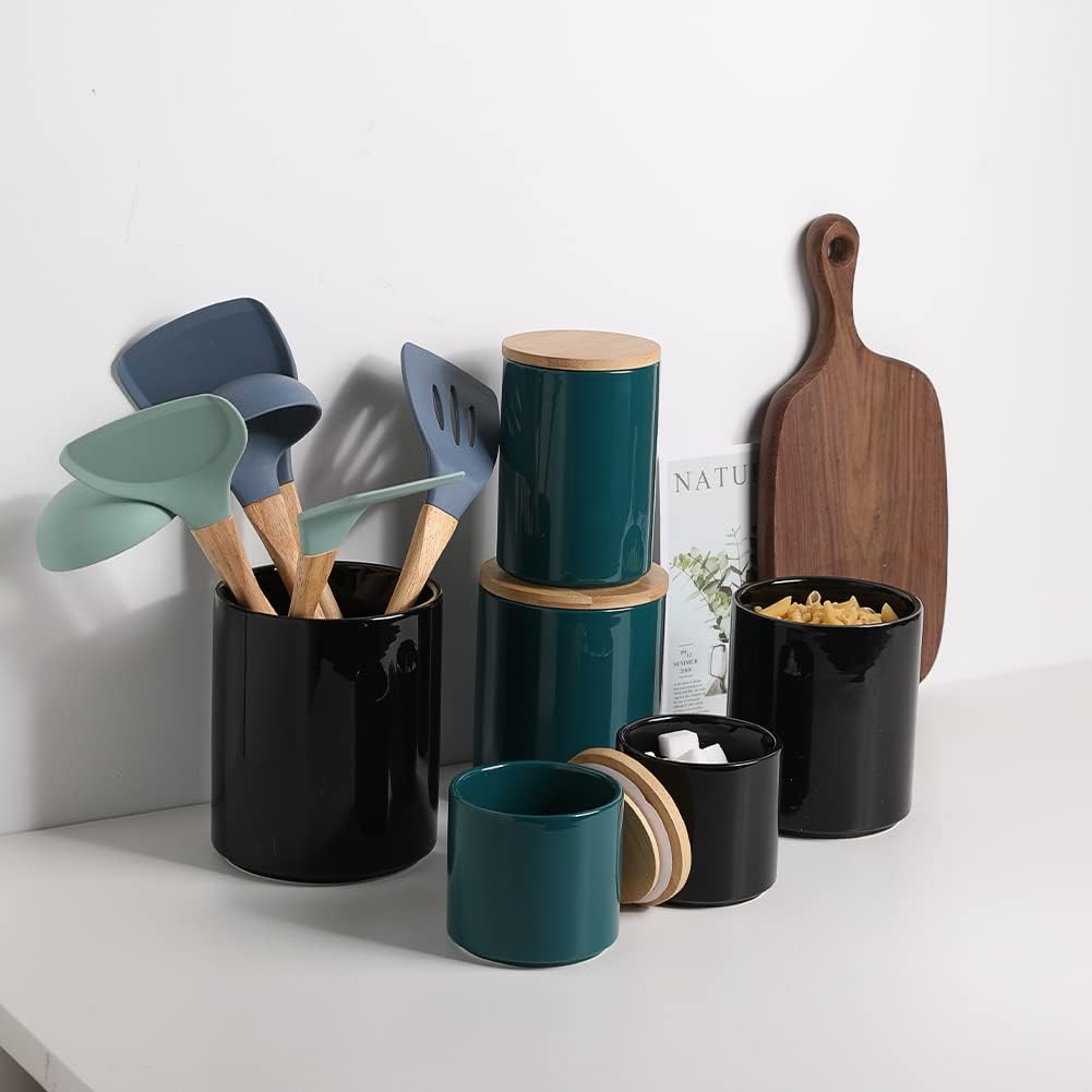 Sweejar Ceramic Kitchen Canister Sets, Porcelain Container for Countertop, Heavy Food Storage Jars with Airthight Seal Bamboo Lid, Servering for Sugar, Coffee Beans, Tea Leaves, Pack of 4(Jade)