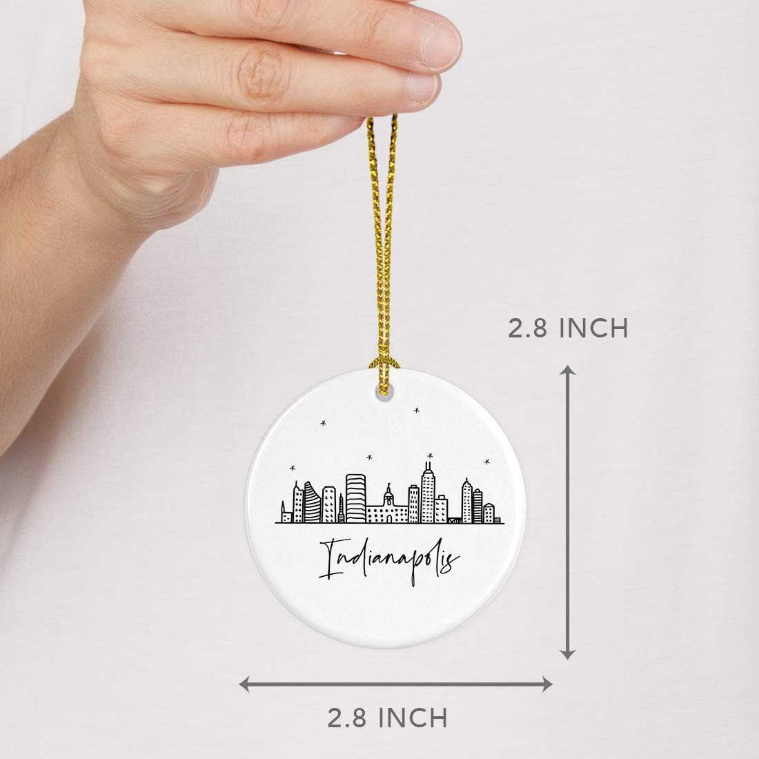 Andaz Press Round Ceramic Porcelain Christmas Tree Ornament Keepsake Gift, Indianapolis, Black and White Stars City Skyline Graphic, 1-Pack, Birthday Ideas Family Coworker Him Her, Includes Gift Box