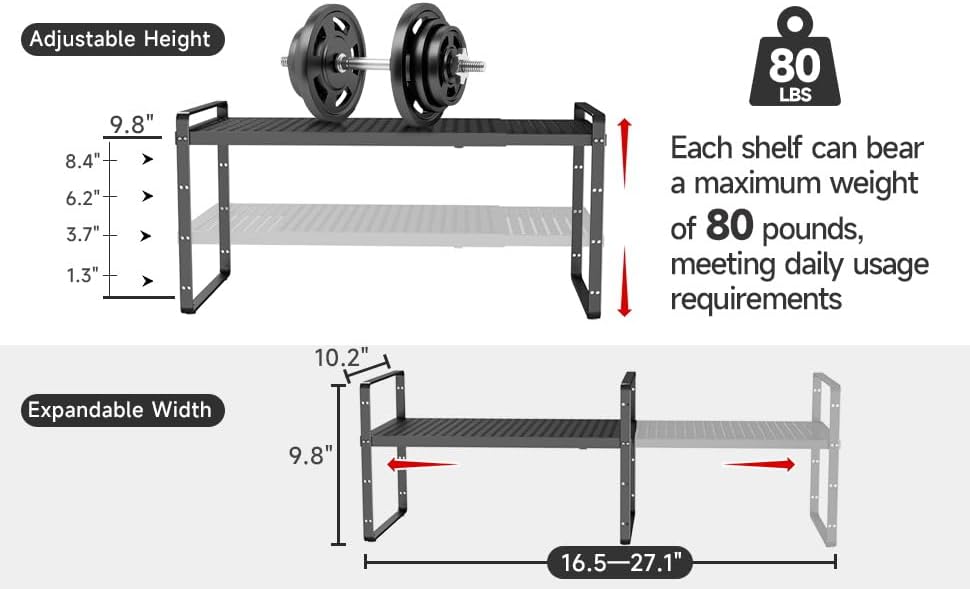 Hole Pattern Expandable Shelf Organizer,1Pack 10.2" Wide Easy to Assemble Cabinet Organizer Shelf, 16.5~27.1" Adjustable Height&Stackable Spice Organization for Cupboard, Black