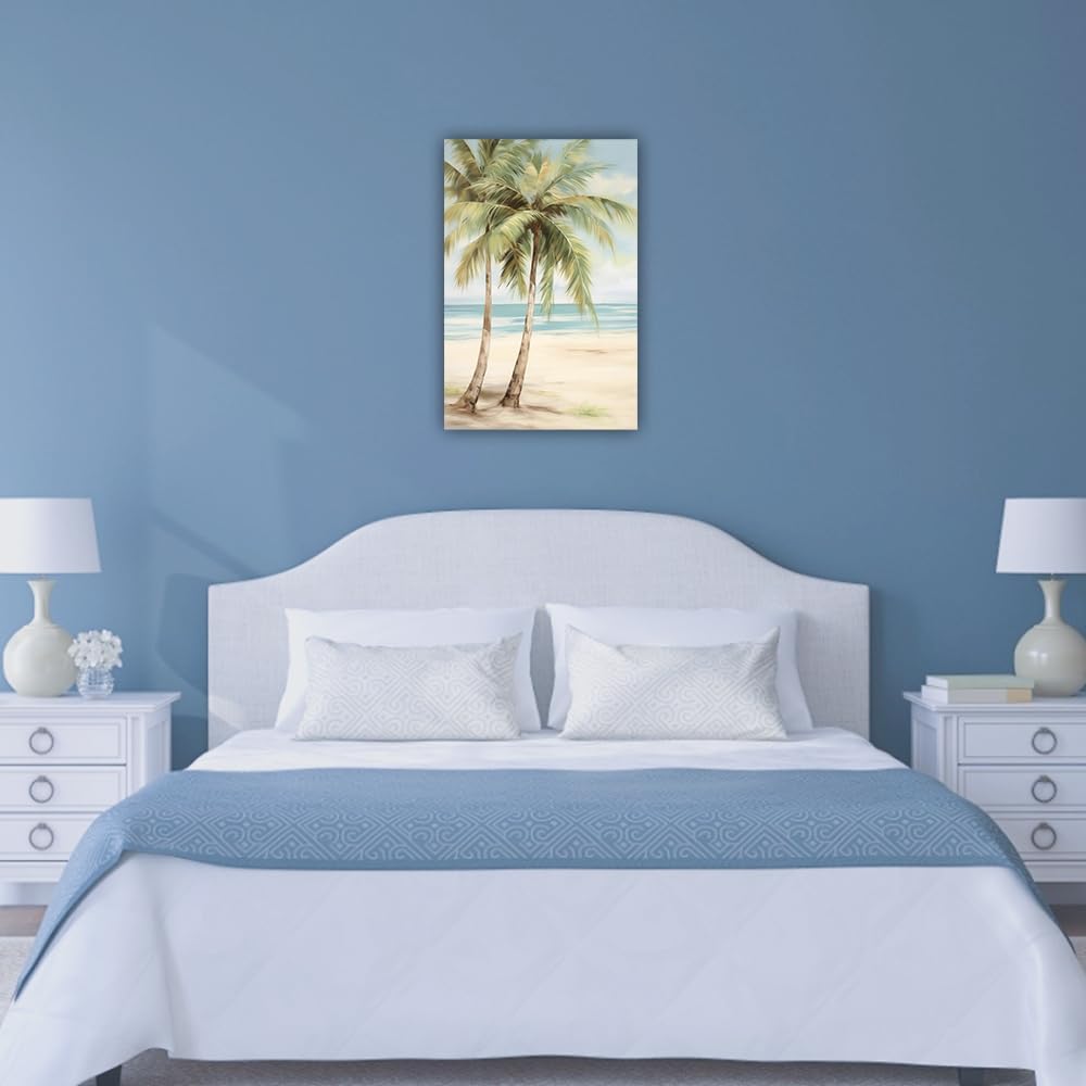 LURENCZH Tropical Beach Canvas Wall Art Seaside Palm Tree Picture Wall Decor Ocean Scenery Painting Prints for Bathroom Decor Framed(Beach-2,20.00" x 30.00")