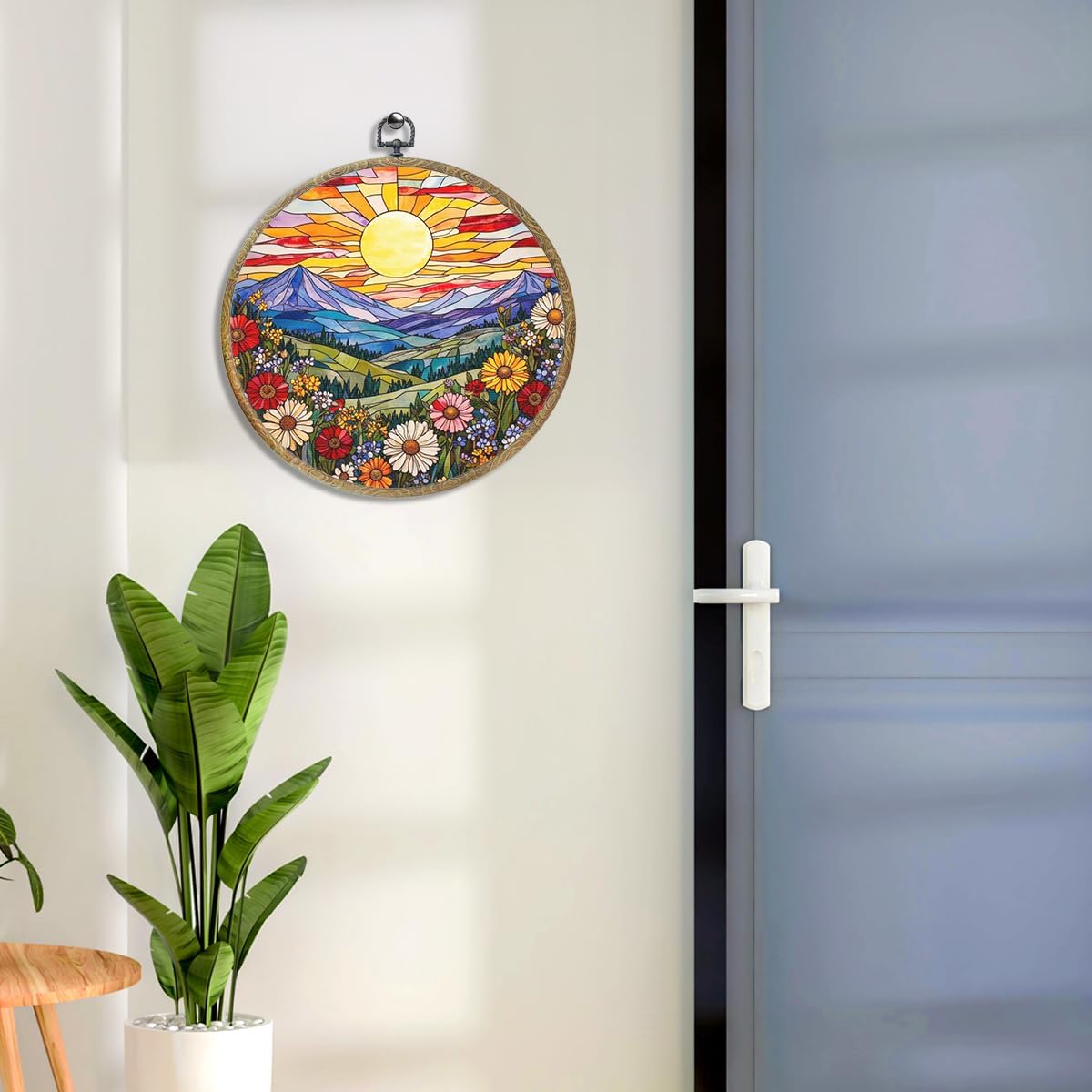 Wildflowers Sunset Flower Floral Garden Decor, Gift for Mom, Nature Lover Gift Framed Round Wall Decor Canvas Wall Art Hanging Prints Artwork for Home Living Room Office Decorations 10.2X10.2 Inch