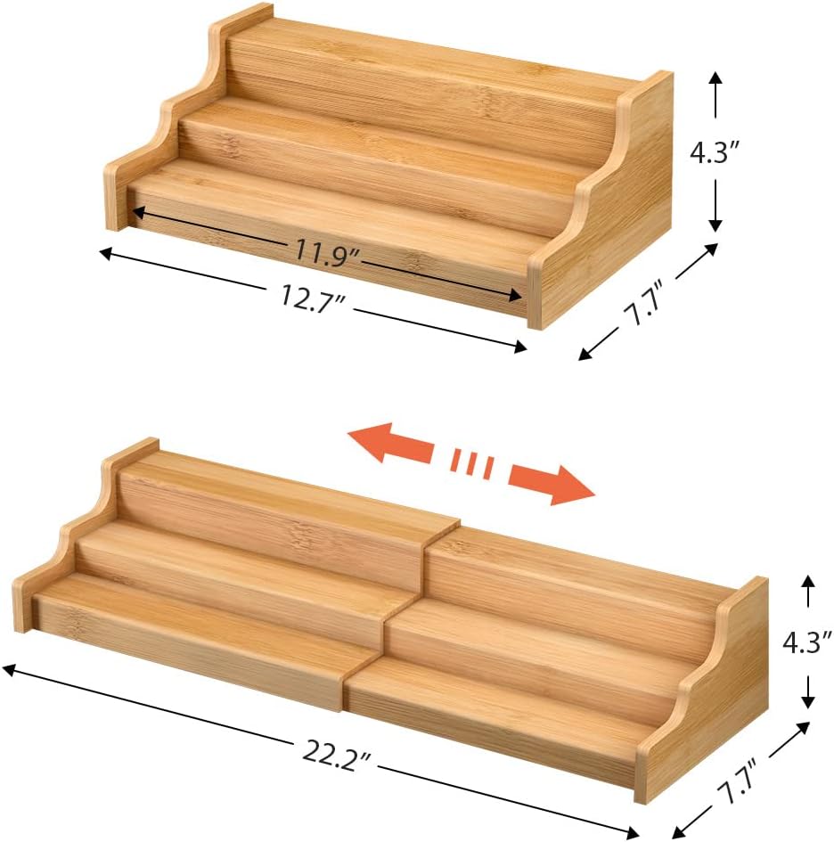 Spice Rack Kitchen Cabinet Organizer- 3 Tier Bamboo Expandable Display Shelf Yellow