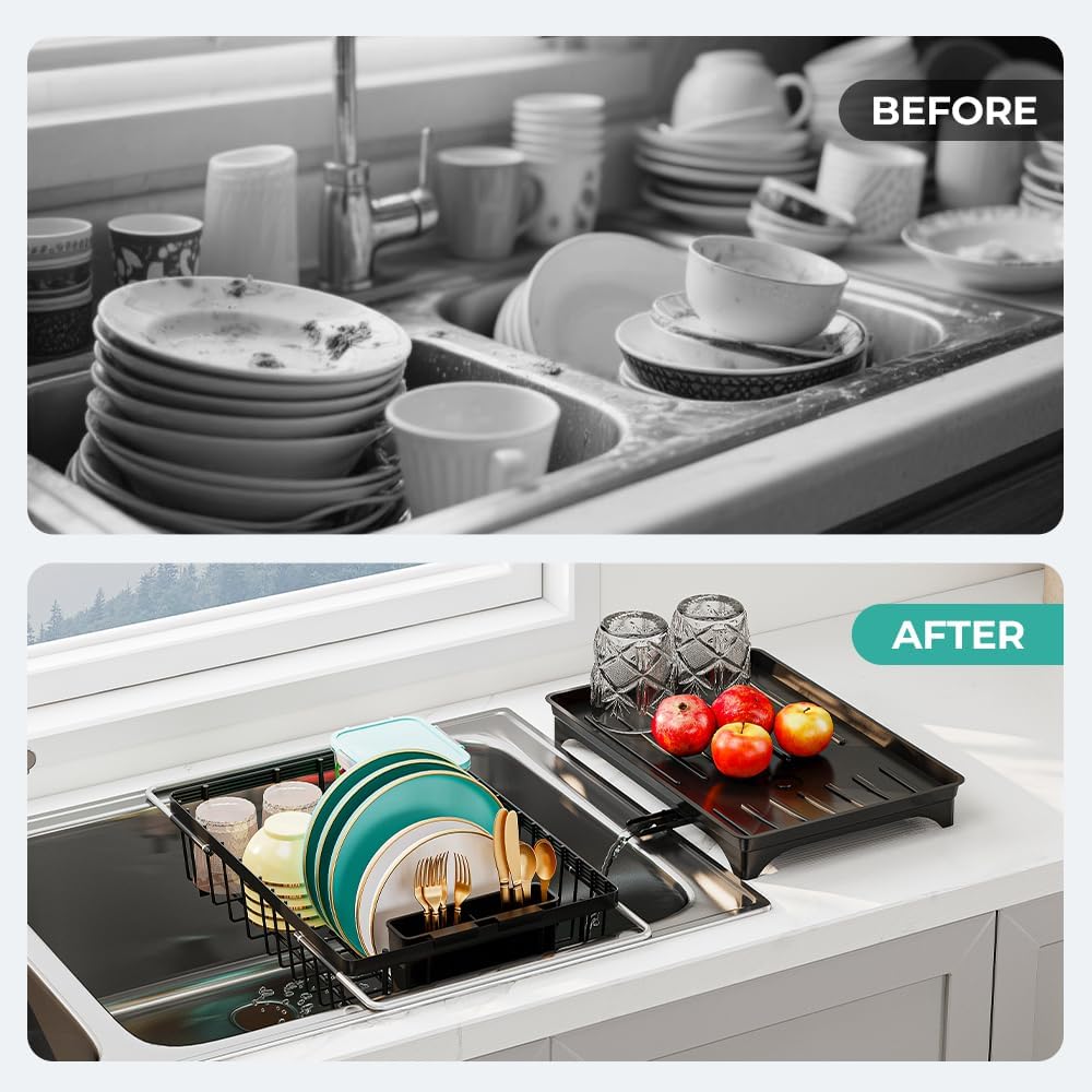 Expandable Dish Drying Rack in Sink, Adjustable Stainless Steel Rustproof Grip Handles Dish Rack Over The Sink, Dish Strainer with Drying Tray & Utensil Holder