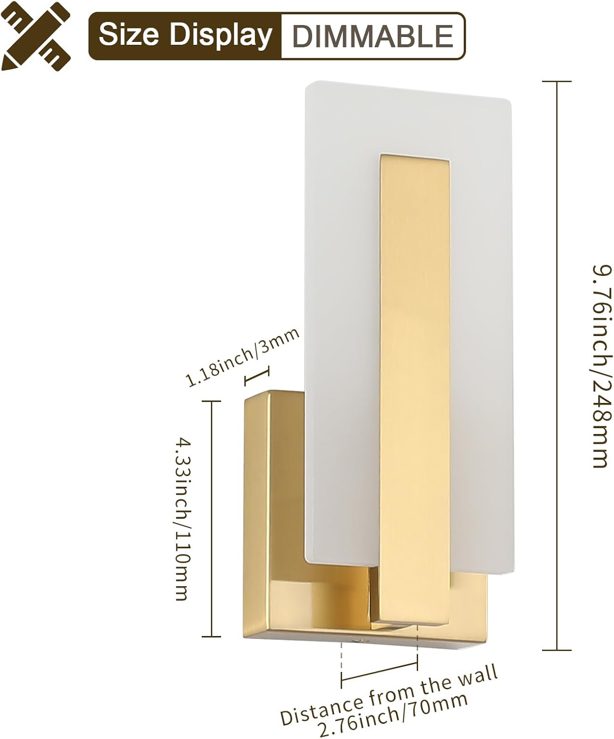 Joosenhouse Modern LED Wall Sconce Set of 2, Dimmable Hardwired Bathroom Vanity Light Indoor Wall Sconce for Hallway, Bedroom, Study, Living Room, 9.76 Inch Brass Wall Lights