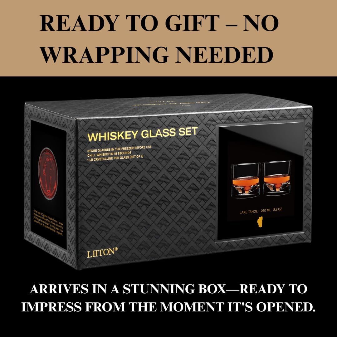Lake Tahoe Heavy Crystal Whiskey Glasses Gift Set of 2, Thick Freezable Bourbon Glass 1lb Each, Premium Whiskey Gifts for Men, Frozen Crystal Chills Cocktails, 10 oz