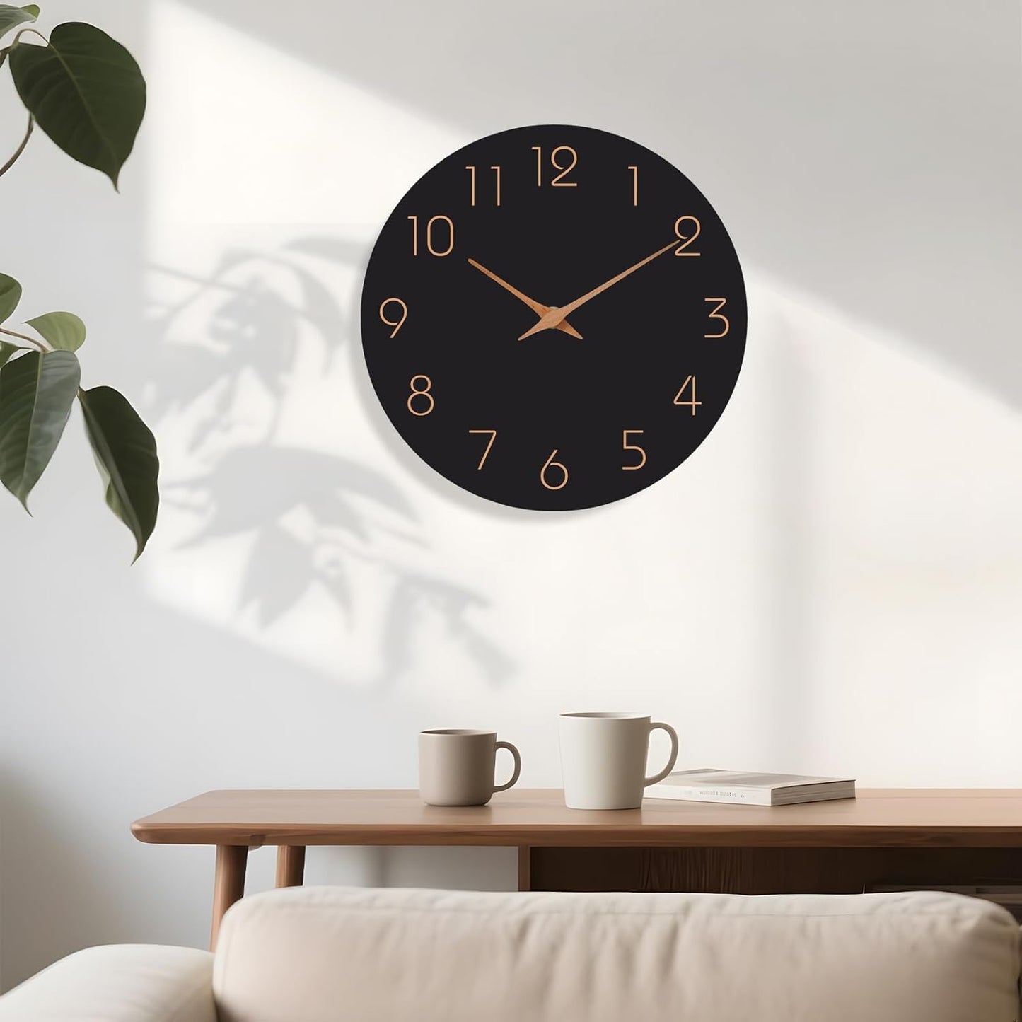 Mosewa Wall Clock Battery Operated 10 Inch Black Silent Non Ticking Simple Minimalist Style Rose Gold Numbers Decorative for Living Room Kitchen Home Office Bathroom