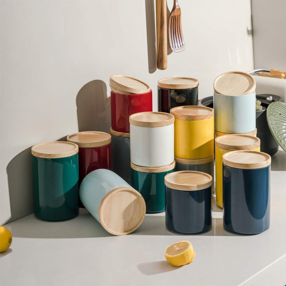 Sweejar Kitchen Canisters Ceramic Food Storage Jar, Stackable Containers with Airtight Seal Wooden Lid for Serving Ground Coffee, Tea, Sugar, Salt and More - 28 Fl Oz (Jade)