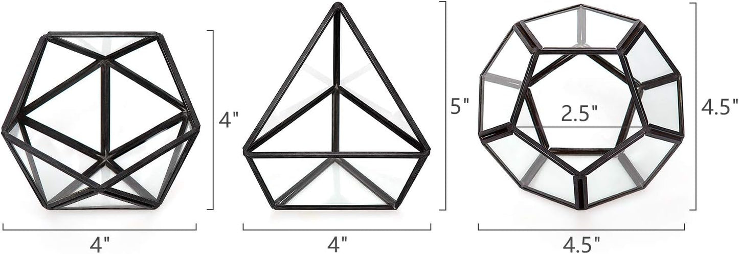 Mkono 4 Inches Mini Glass Geometric Terrarium Container Set of 3 Modern Tabletop Planter Shelves Decor Display Centerpiece for Succulent Miniature Fairy Garden Air Plant, Black(Plant Not Included)