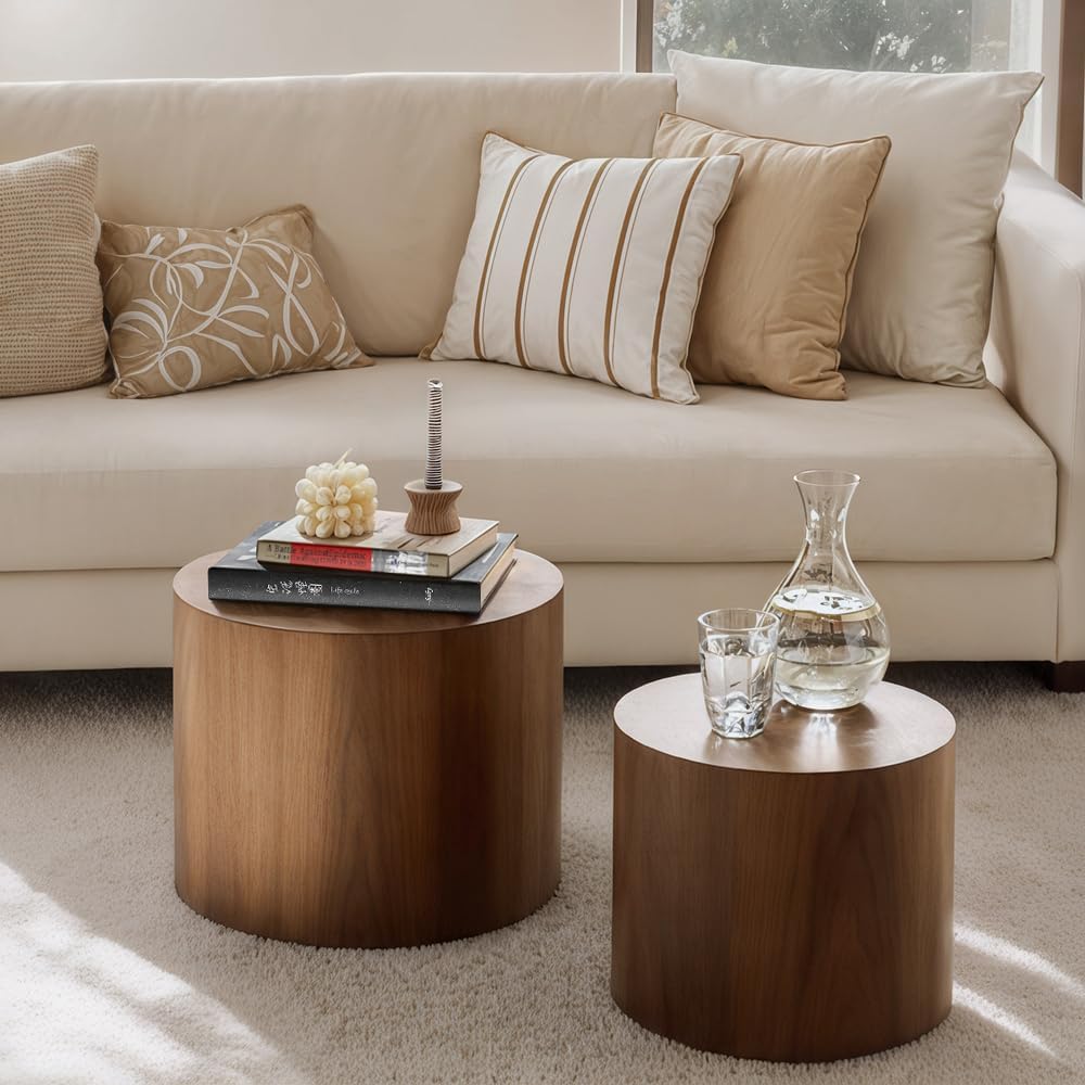 Nesting Coffee Table Set of 2, Modern Round Coffee Table with Non-Slip Feet, Walnut Wooden Circle Accent Tables for Small Spaces Living Room Bedroom Balcony Office Drum Side Table (Walnut)