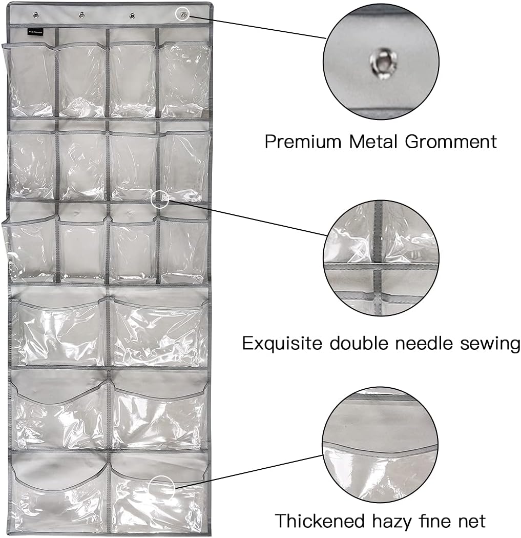 Extra Large Hanging Crystal Clear Over Door Shoe Organizer, Closet Shoe Rack with 12+6 Pockets, 8 Hooks, Grey (59"x 21.6")