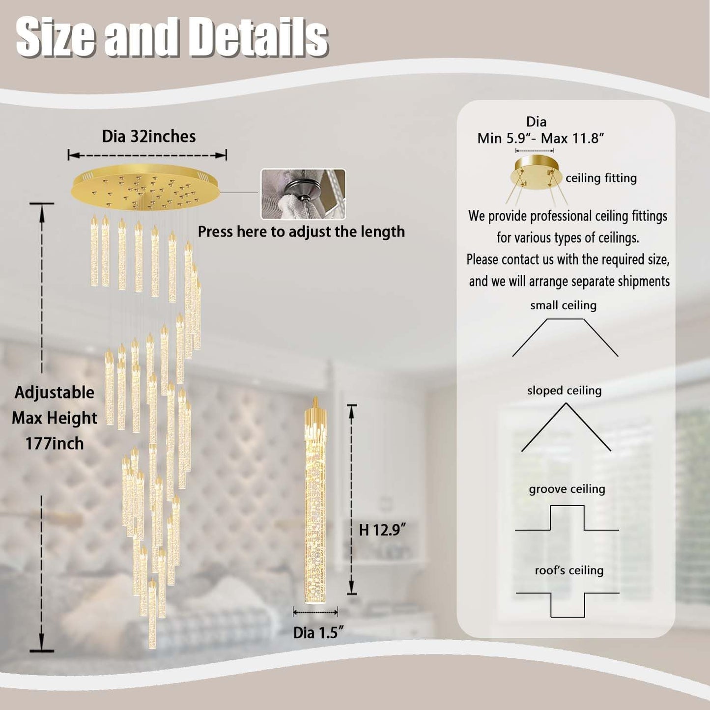 Chandeliers for Living Room 38-Lights Modern Crystal Light Extra Large Chandelier Light Fixture Entryway Foyer High Ceiling Chandeliers Lighting with Sloping Ceiling (Gold Chandelier)