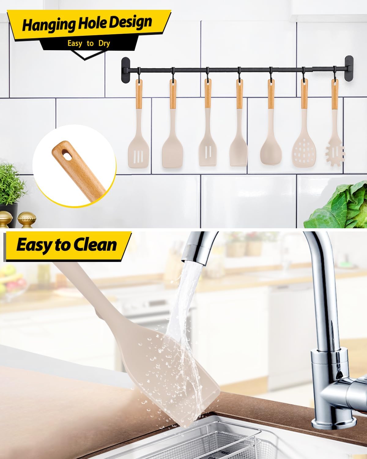 Silicone Kitchen Utensil Set for Non Stick Cookware, 7 Pcs Heat Resistant Cooking Utensils with Wooden Handle, BPA Free Kitchen Tools with Spatulas, Spoons, Skimmer and Pasta Fork (KHAKI)