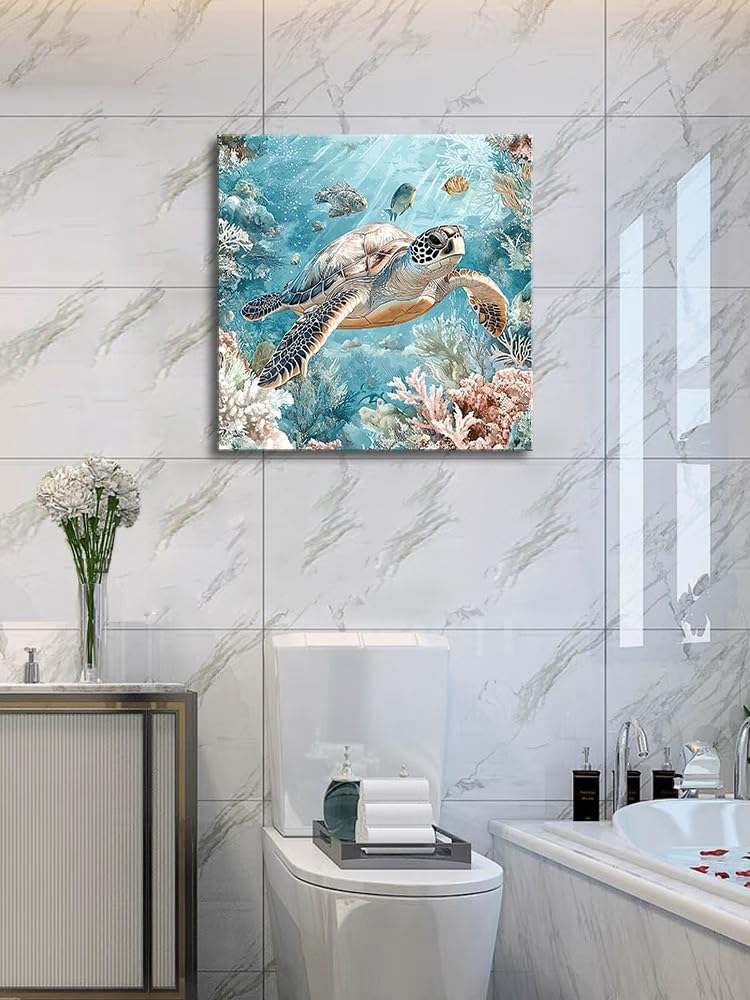 Sea Turtle Bathroom Wall Decor Ocean Theme Framed Canvas Wall Art Coastal Nautical Prints Picture Watercolor Coral Marine Life Painting for Kid Bedroom Living Room Home Decoration 14x14”