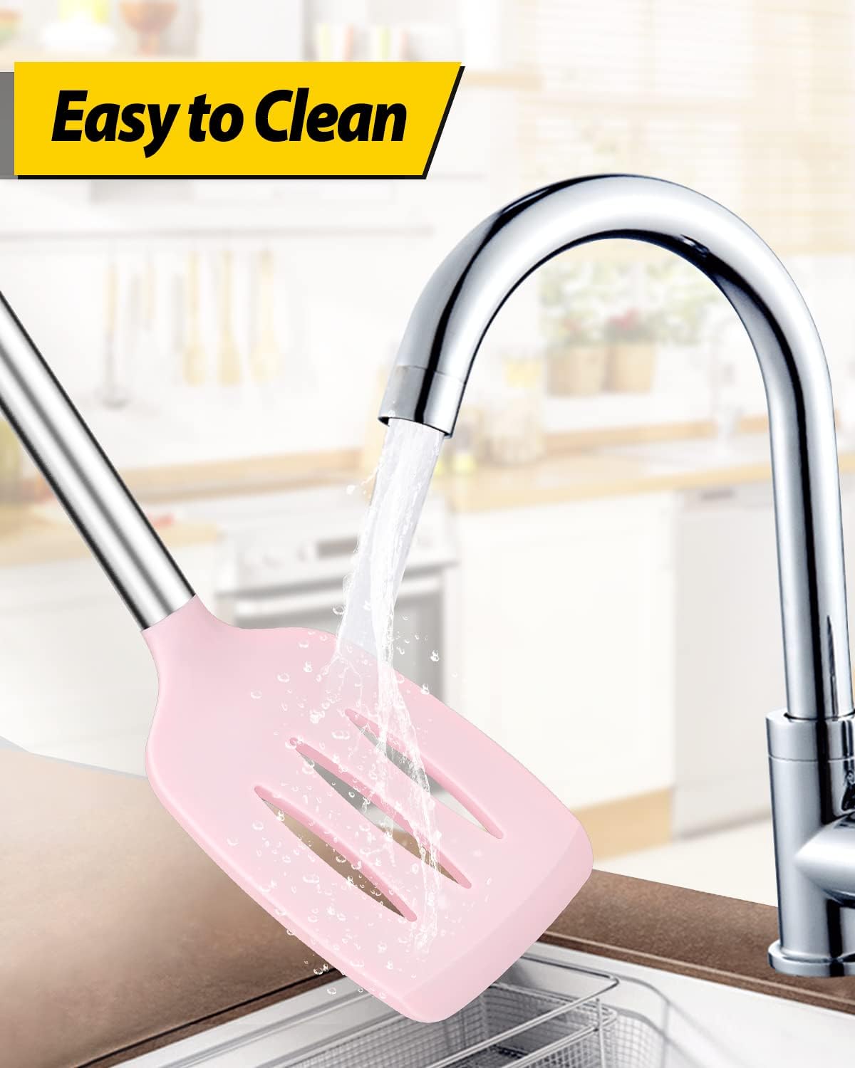 Pack of 2 Silicone Solid Turner, Non Stick Slotted Kitchen Spatulas, High Heat Resistant BPA Free Cooking Utensils, Ideal Cookware for Fish, Eggs, Pancakes(Pink)