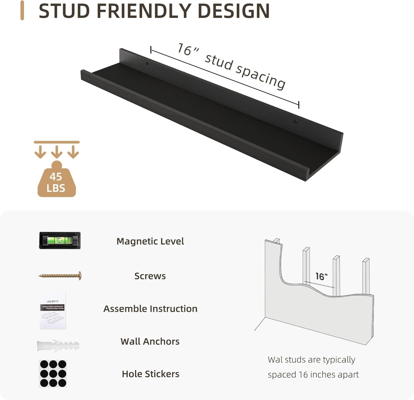 Picture Ledge Shelf, Wood Floating Shelves Set of 4, 24 inch Picture Ledge Shelves, Photo Ledge Nursery Book Shelves Wall Mounted for Living Room Kids' Room Bedroom, Color Black