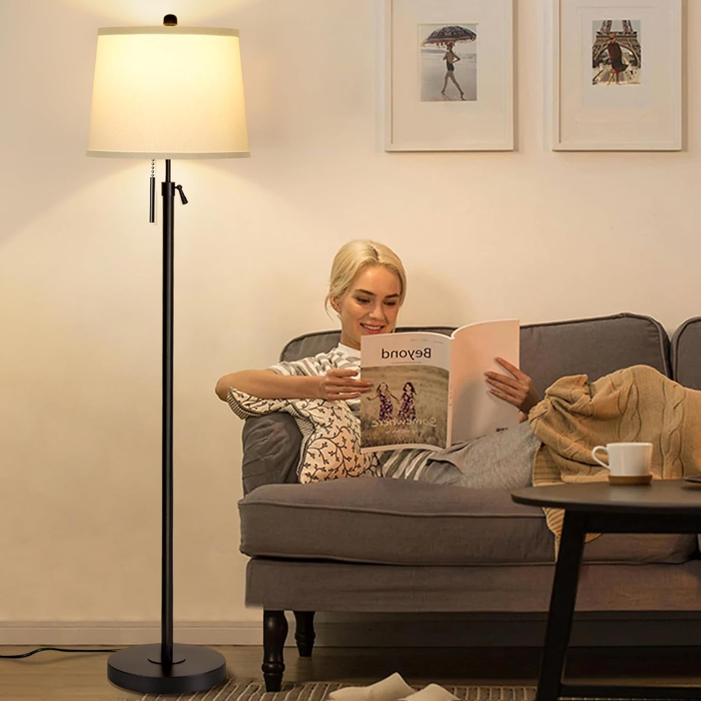 Black Floor Lamps for Living Room Adjustable Height Standing Lamp Modern Tall Pole Lamps for Bedroom Office with White Linen Shade 3 Color Temperature 9W LED Bulb Included