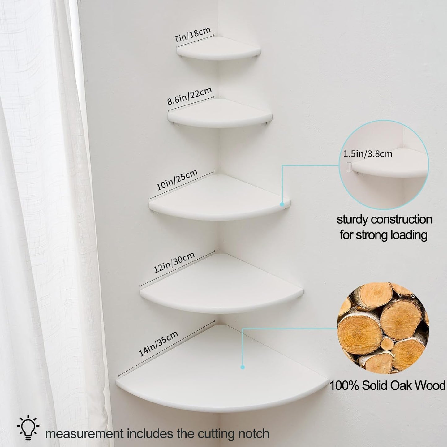 Corner Shelf, White Solid Oak Wood Floating Corner Shelves Wall Mount Round End Floating Speaker Rack Display Shelf for Small Plant Photo Frame (White, 12in)