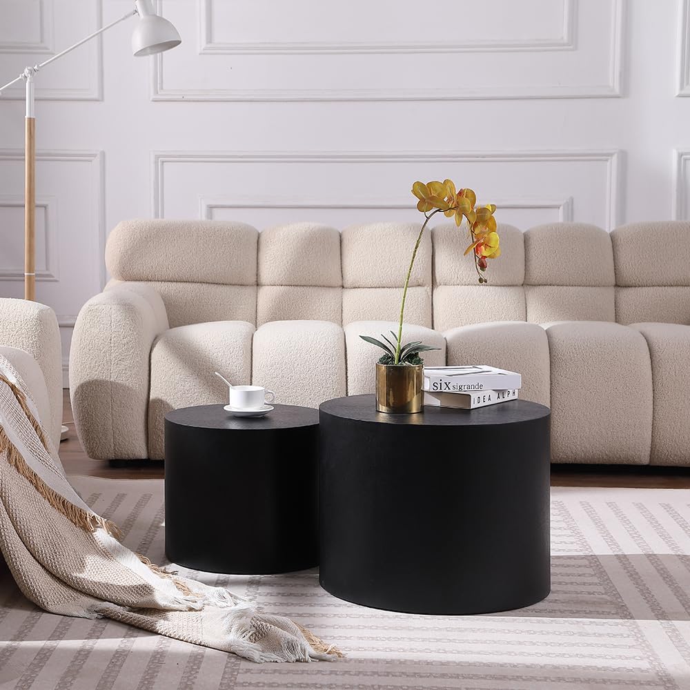 WILLIAMSPACE 18.9" Black Nesting Coffee Table Set of 2, Modern Black Round Coffee Tables Circle Side Table for Small Space, Accent End Table Set, No Assembling, Matte Black