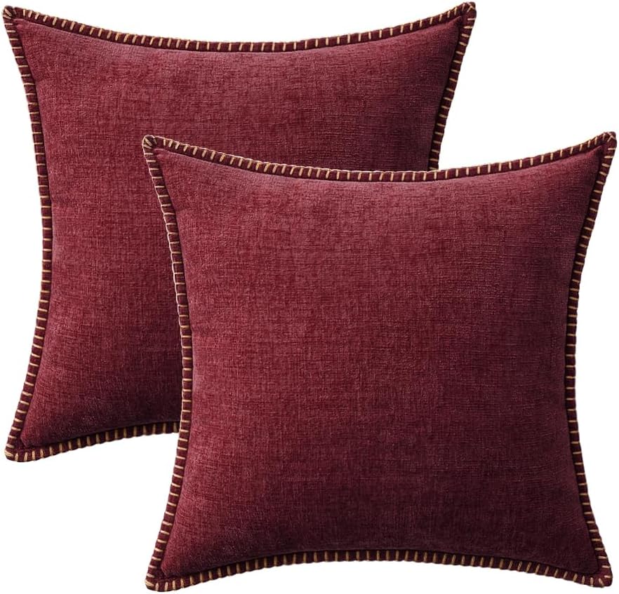 MIULEE Pack of 2 Christmas Pillow Covers 20x20 Inch Burgundy Red Farmhouse Decorative Throw Pillow Covers with Stitched Edge Soft Chenille Solid Dyed Couch Pillow Covers for Sofa Bed Living Room