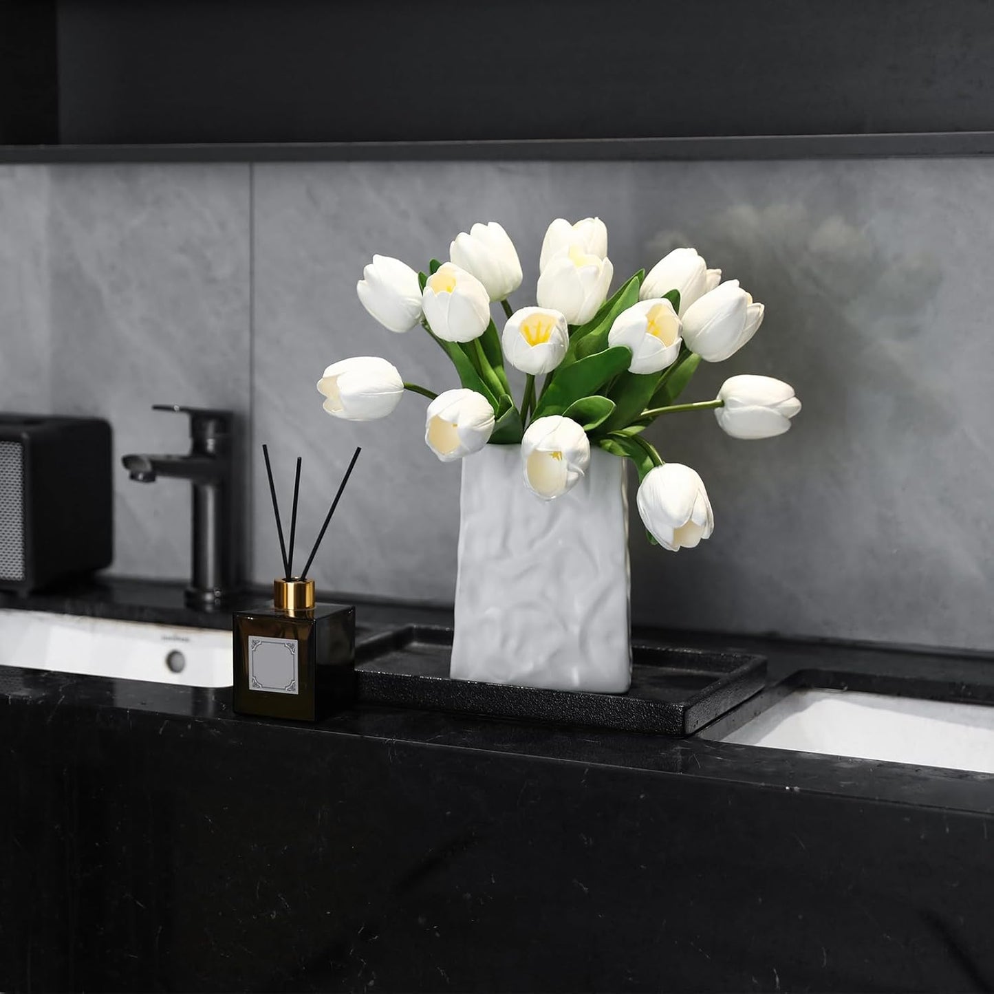 White Artificial Tulips, 2 Bundles 14Pcs, Fake Tulips Artificial Flowers, 2 x 2.4 Inch Large Flower Head Big Tulip, Easter Valentine's Day Mother's Day Home Decoration Flowers