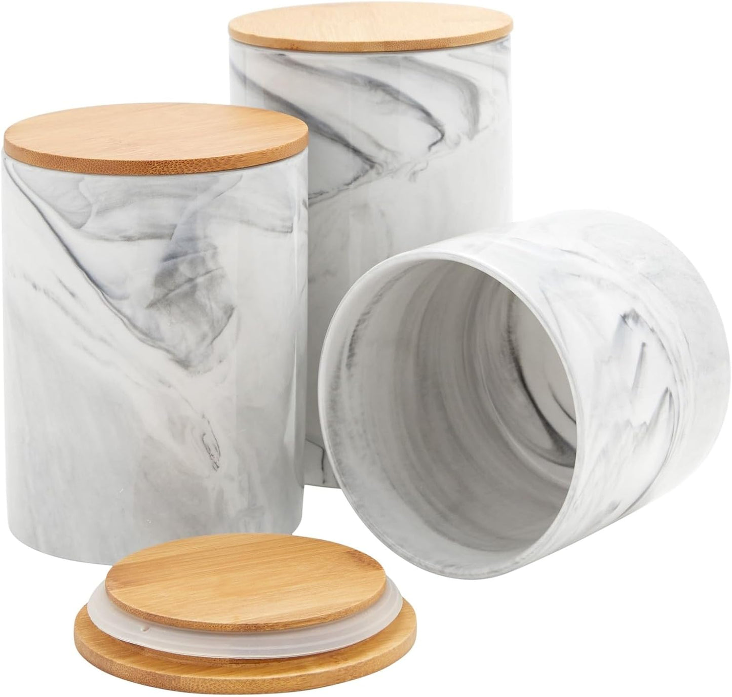 Farmlyn Creek Sugar & Coffee Container Set 3-Piece - White Marble Finish Ceramic Jar Set - Airtight Wood Lids - Ceramic Containers with Lids for Countertop Storage (5.9"/4.9"/3.9)