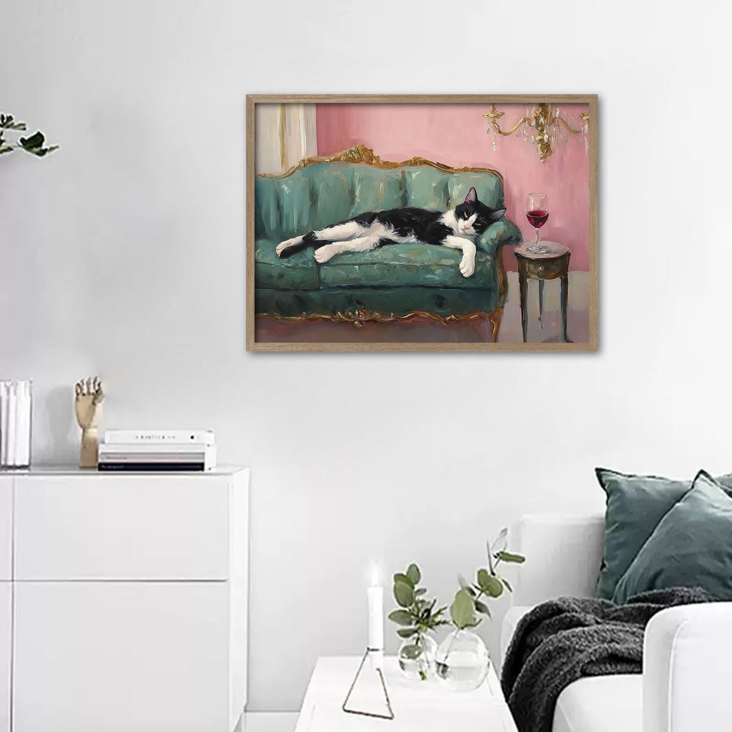 Wooden Framed Black And White Cat Wall Art Modern Style Canvas Print Lazy Persian Cat Poster Picture Decoration Painting Gallery Style Artwork Suitable For Living Room Bedroom Decoration 16x24 Inch