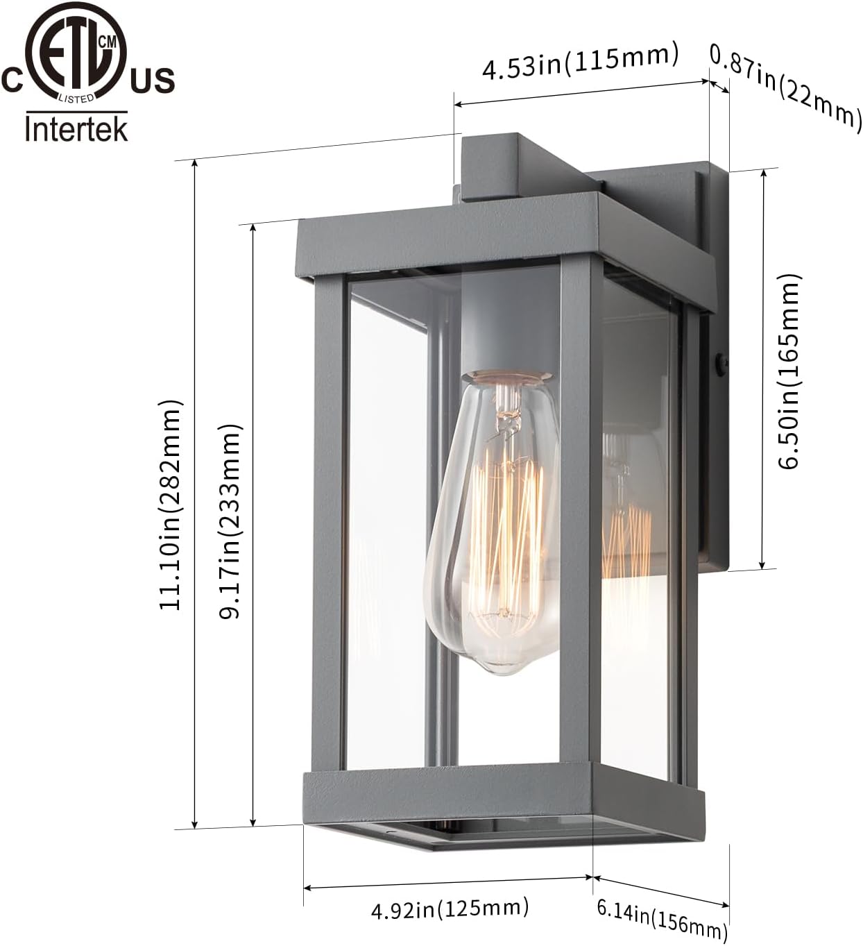 mirrea 11" Classic Outdoor Wall Sconce 1 Light in Matte Gray Rectangular Metal Frame and Clear Glass Shade Waterproof Porch Light Patio Light Pack of 2