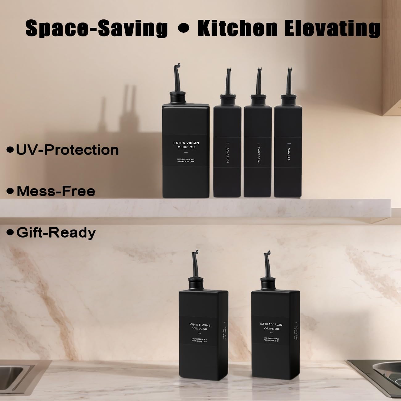 Olive Oil Dispenser Bottle for Kitchen 16.9oz, Glass Oil Bottles and Vinegar Dispenser Set, Decorative Avocado Oil Dispenser Set (Black, Set of 2)