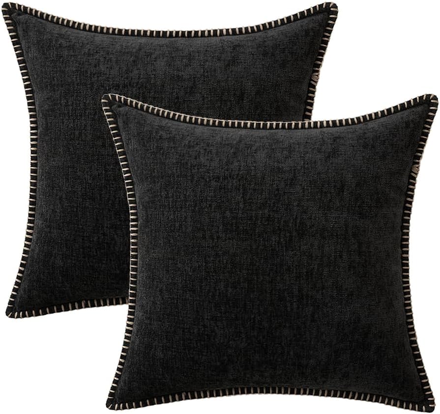 MIULEE Pack of 2 Couch Throw Pillow Covers 18x18 Inch Black Farmhouse Decorative Pillow Covers with Stitched Edge Soft Chenille Solid Dyed Spring Pillow Covers for Sofa Bed Living Room