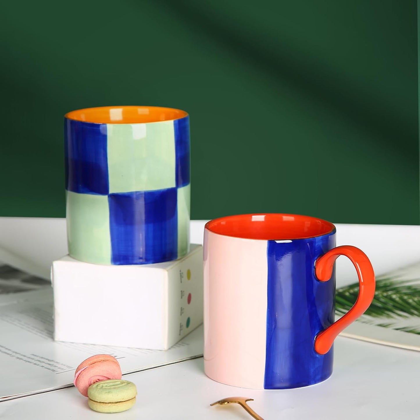 Koja Colorful Hand Painted 16 oz. Porcelain Ceramic Mugs Set. Service for 4.