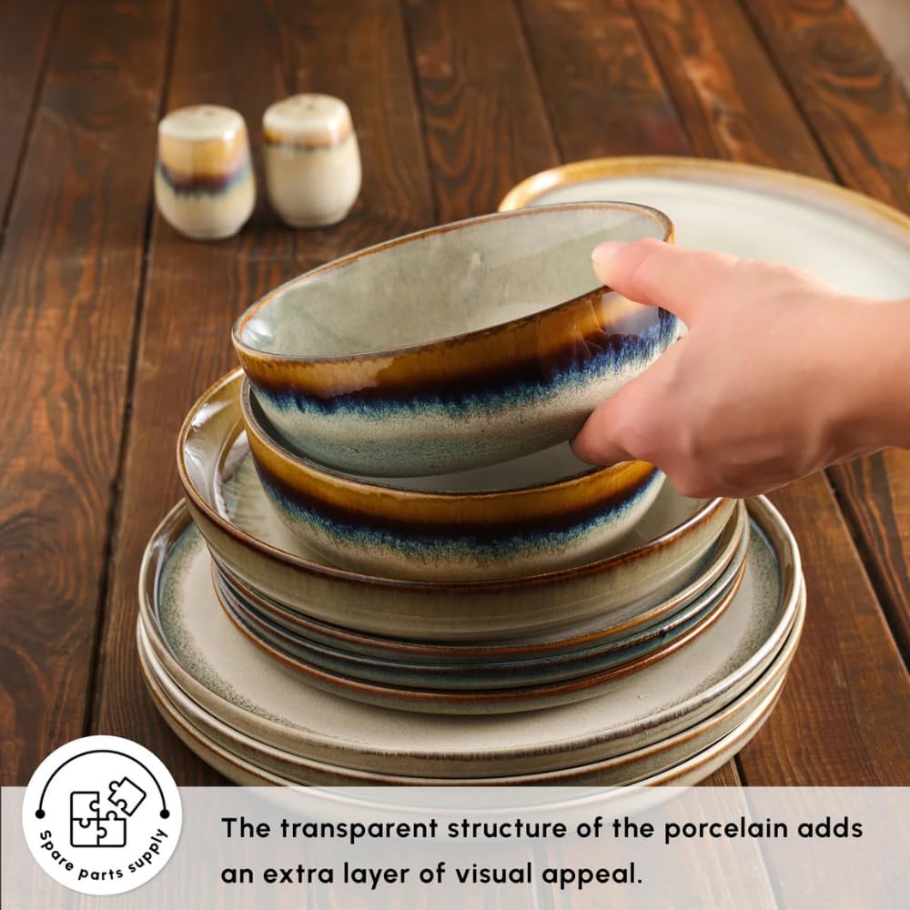 Karaca Earthy 52 Piece Stoneware Plates and Bowls Set, Reactive Glaze Dinner Set, Complete Kitchen Tableware Collection, Ideal Dinnerware for 12 People Dining Experience, Dishwasher Safe