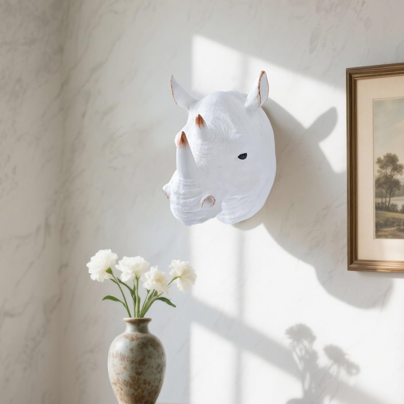 Rhino Head Wall Mount Resin Safari Animal Sculpture, Modern Faux Decor for Living Room Bedroom Office Realistic Wildlife Art Bust White