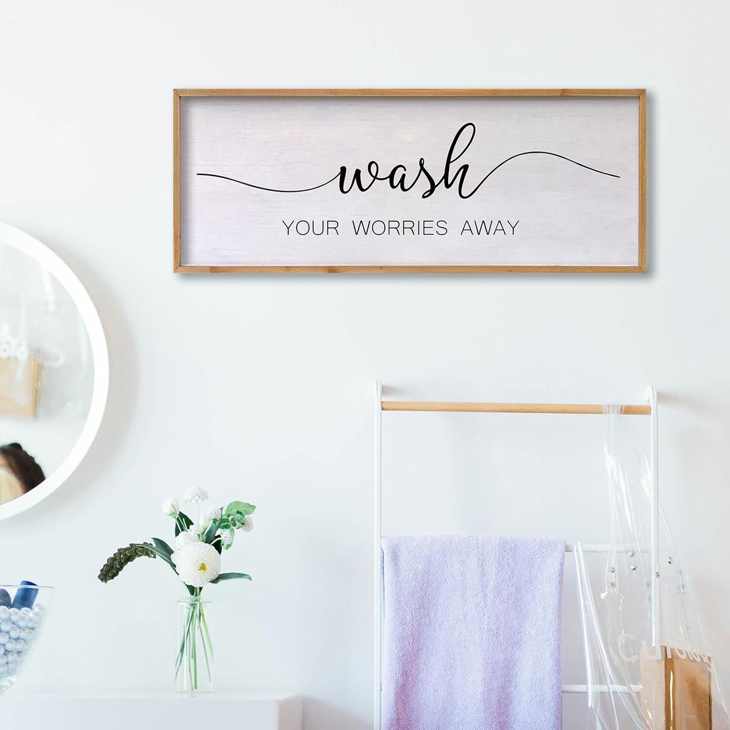 Wash Your Worries Away Bathroom Wall Art 24×10 Inch Wood Framed Decor Funny for Laundry Room Restroom Modern Rustic Inspirational Sign (Wood)