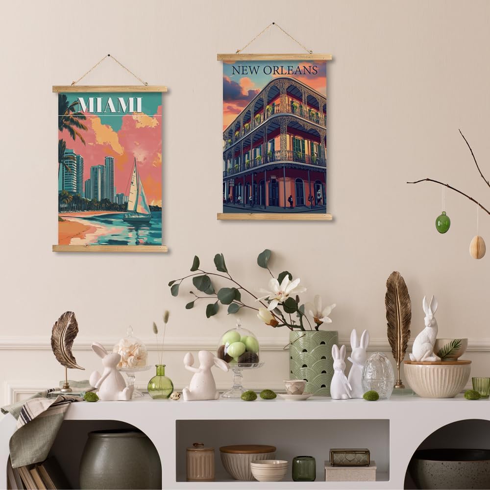 WREVERW Vintage Miami Poster Canvas Print with Wooden Hanger Frame, Featuring Palm Trees, High-Rise Buildings, and Sailboats, Wall Art for Home and Office Decor, 16x23 inches