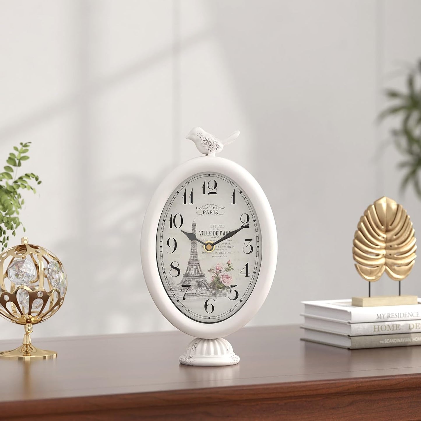 Vintage Table Clock with Bird, Desk and Shelf Decor Clock, French Paris Style, Antique White Metal Mantel Clocks for Living Room, Farmhouse, Bedroom, Bedside, Gift (10" H x 5.9" W)