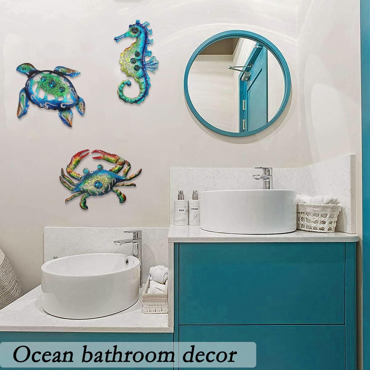 Weibefee Metal Sea Turtle Seahorse Crab Beach Themed Bathroom Wall Art Decor, Ocean Themed Wall Decorations for Home Bathroom,10 Inch, Set of 3…