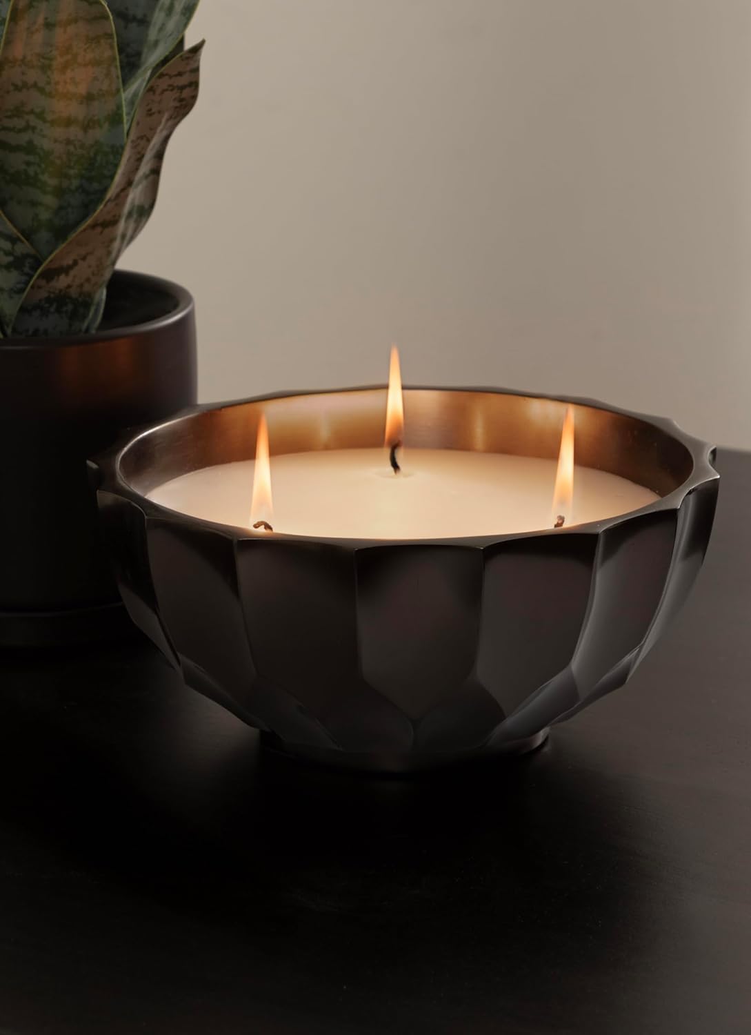 Kate and Laurel Plete Round Pleated Metal Candle Bowl, 8 Inch Diameter, Black Nickel, Modern Scalloped Three-Wick Unscented Candle with Decorative Bowl for Living Room Decor