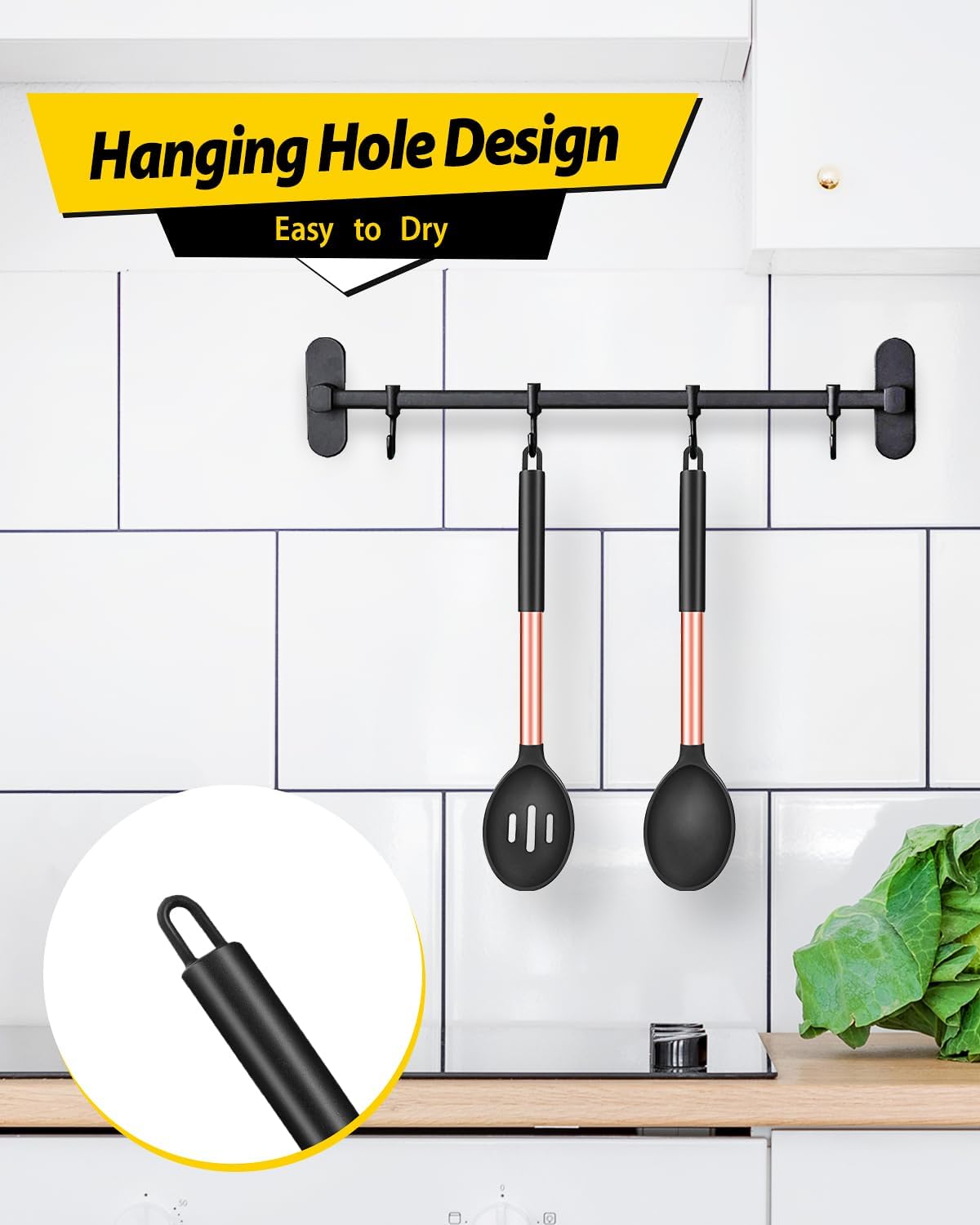 Pack of 2 Large Silicone Cooking Spoons,Non Stick Solid Basting Spoon,Heat-Resistant Kitchen Utensils for Mixing,Serving,Draining,Stirring (ROSE GOLD BLACK)