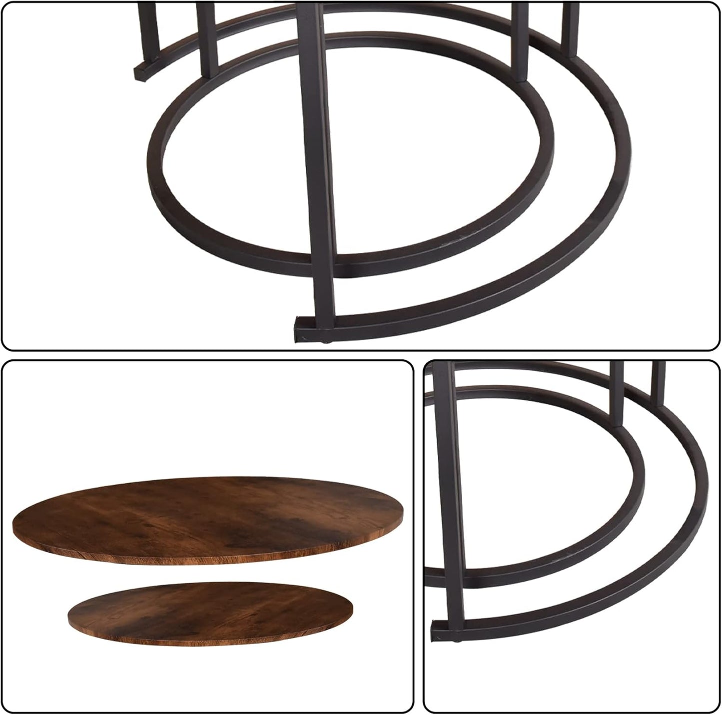 HOMERECOMMEND Round Coffee Table Set of 2 Modern Nesting Side End Table for Living Room,Round Wooden Coffee Table with Solid Powder-Coated Metal Frame, Rustic Brown/Black