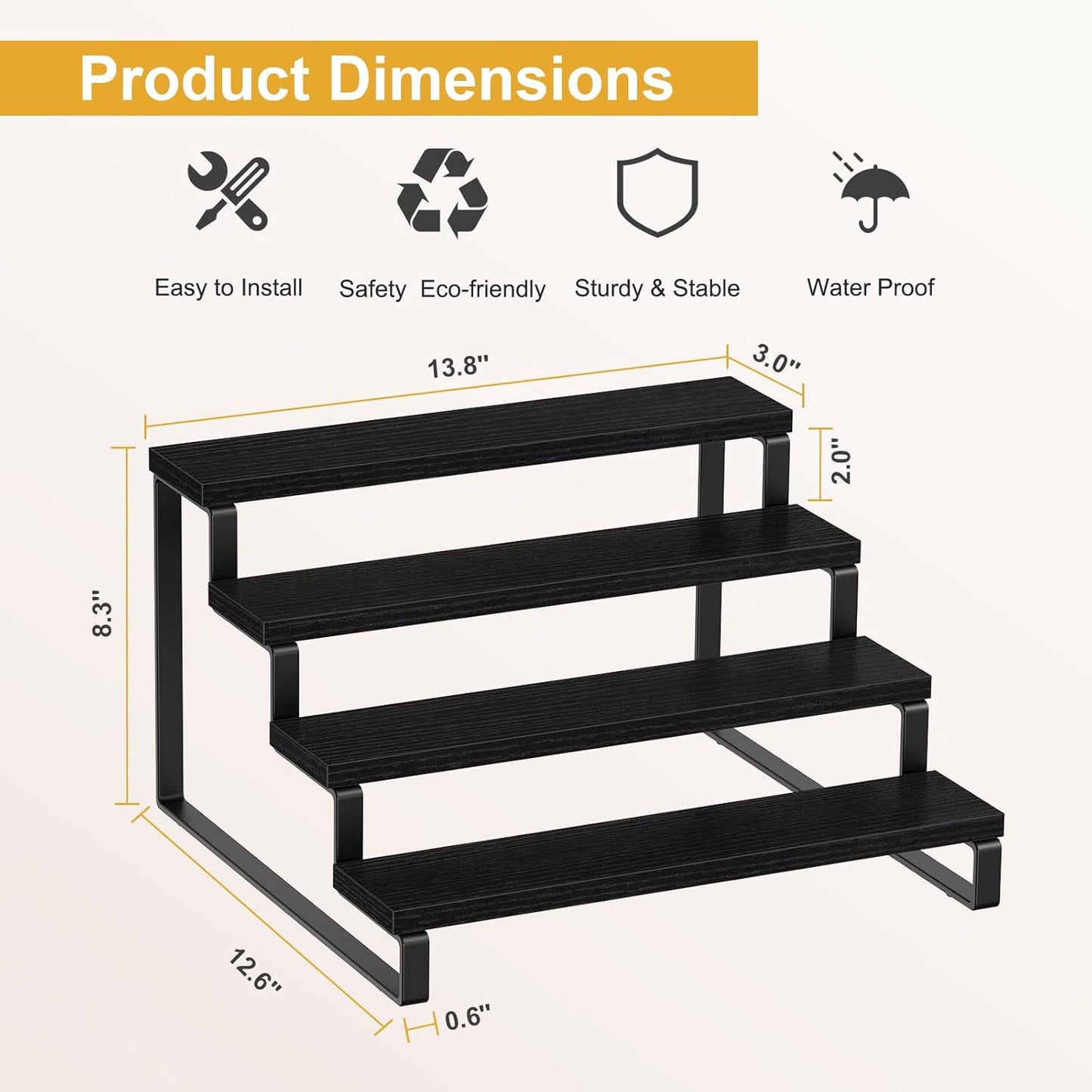 Giikin 4 Tier Spice Rack, Cabinet Organizer Shelf, Wooden Spice Rack for Countertop, Kitchen Counter Storage Shelves Cupcake Stand Holder Display Stand, Black