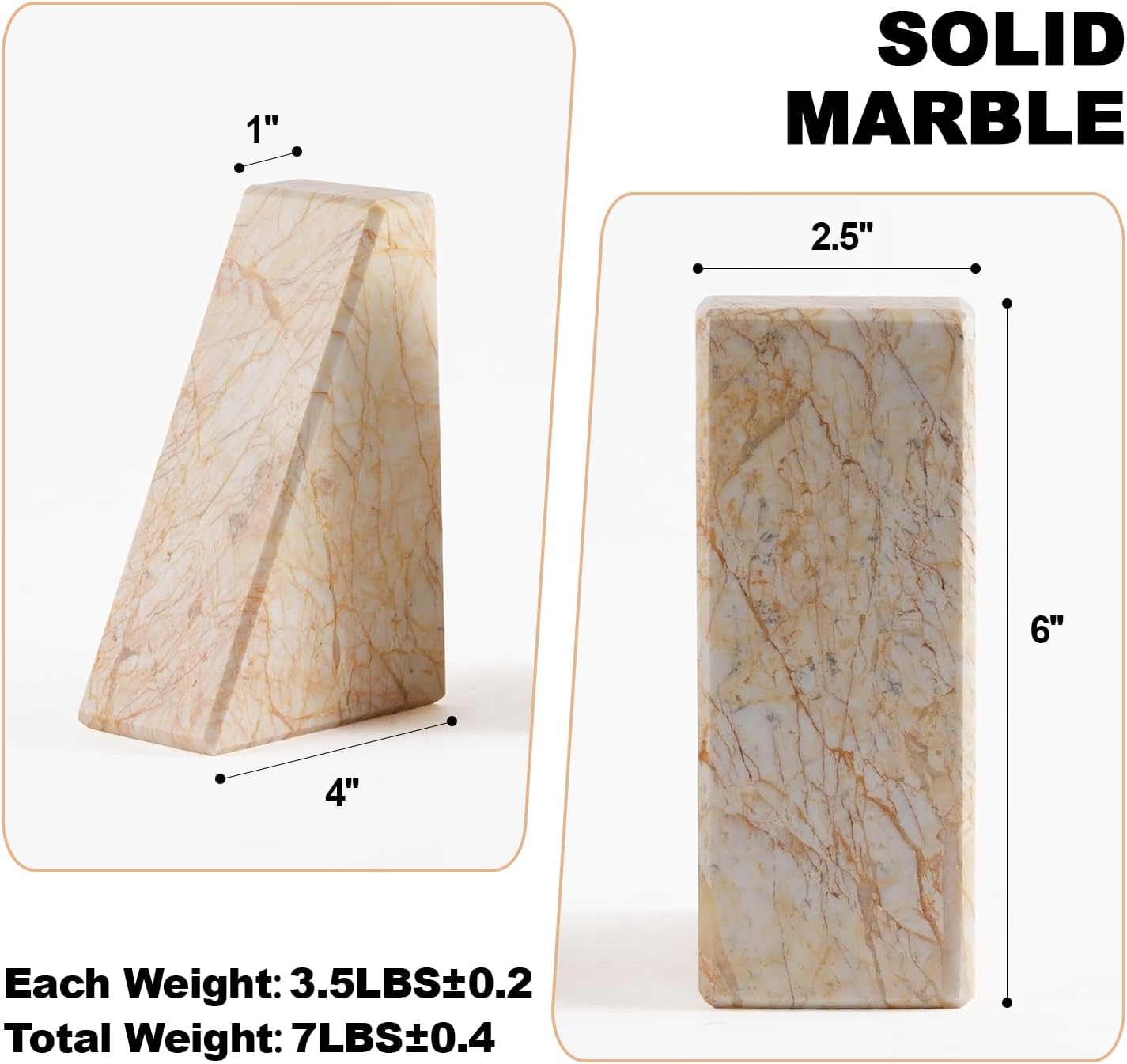 Marble Bookends,Natural Decorative Bookend for Shelves, Non-Skid Book End for Heavy Books, Idea Book Stoppers & Holder for Desk Bookshelf Decor, Modern Home Decor Cream Color Book Ends, Set of 2