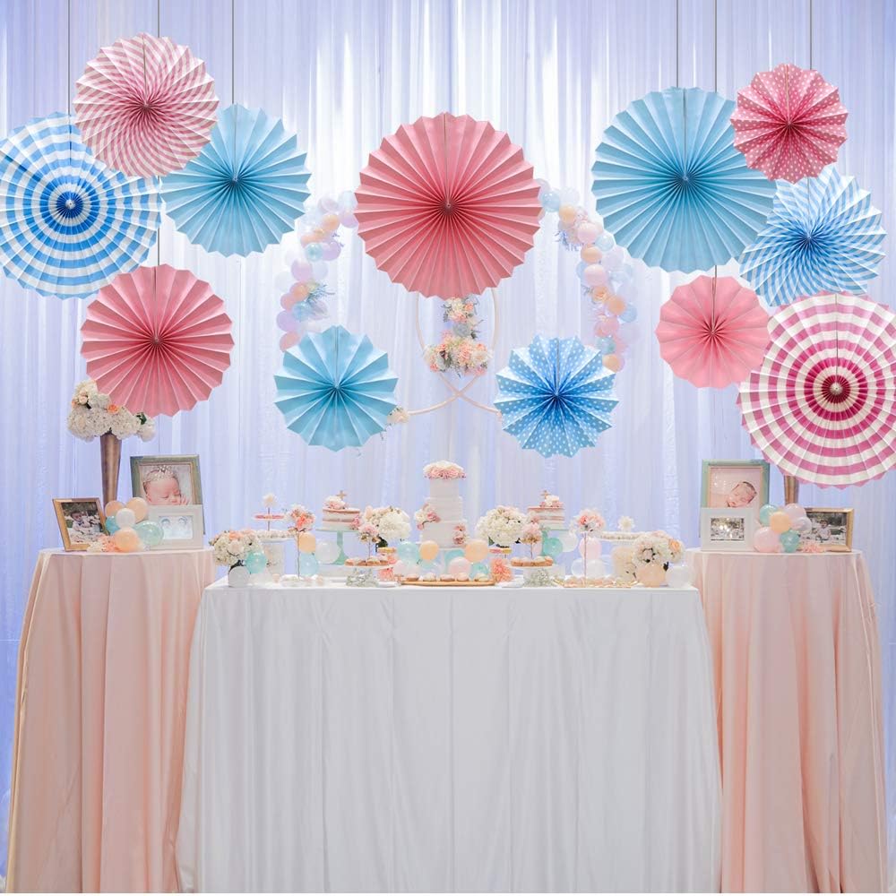 Hanging Paper Fans Party Set, Round Pattern Paper Garlands Decoration for Birthday Baby Boy Shower Graduation Bachelorette, Set of 6 (Blue)