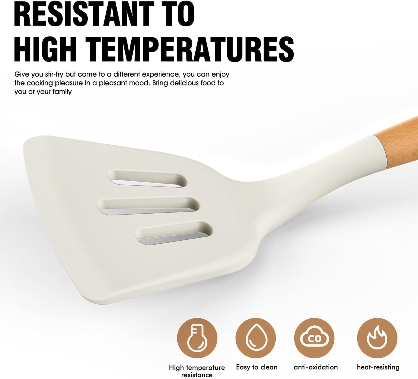 Silicone Cooking Utensils Set - Silicone Kitchen Utensils for Cooking Wooden Handles, 446°F Heat Resistant Kitchen Utensil Spatula Sets w Holder, Gadgets for Non-Stick Cookware BPA FREE (Cream White)