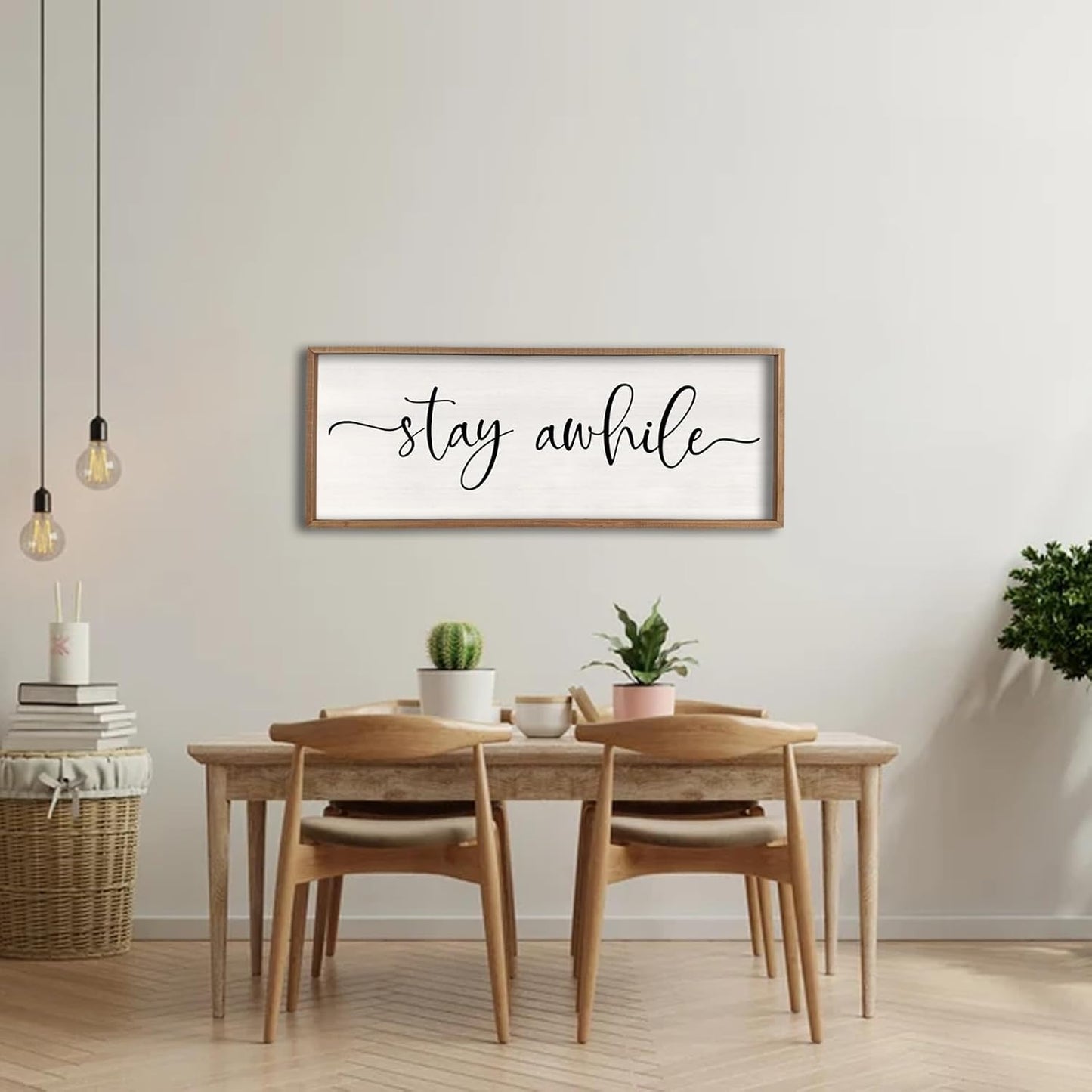 Stay Awhile Sign Wall Decor 40"X15" Large Solid Wood Frame For Hallway Living Room Entryway Farmhouse Wall Art Lets Stay Family Home Rustic Hanging Decoration (Wood)