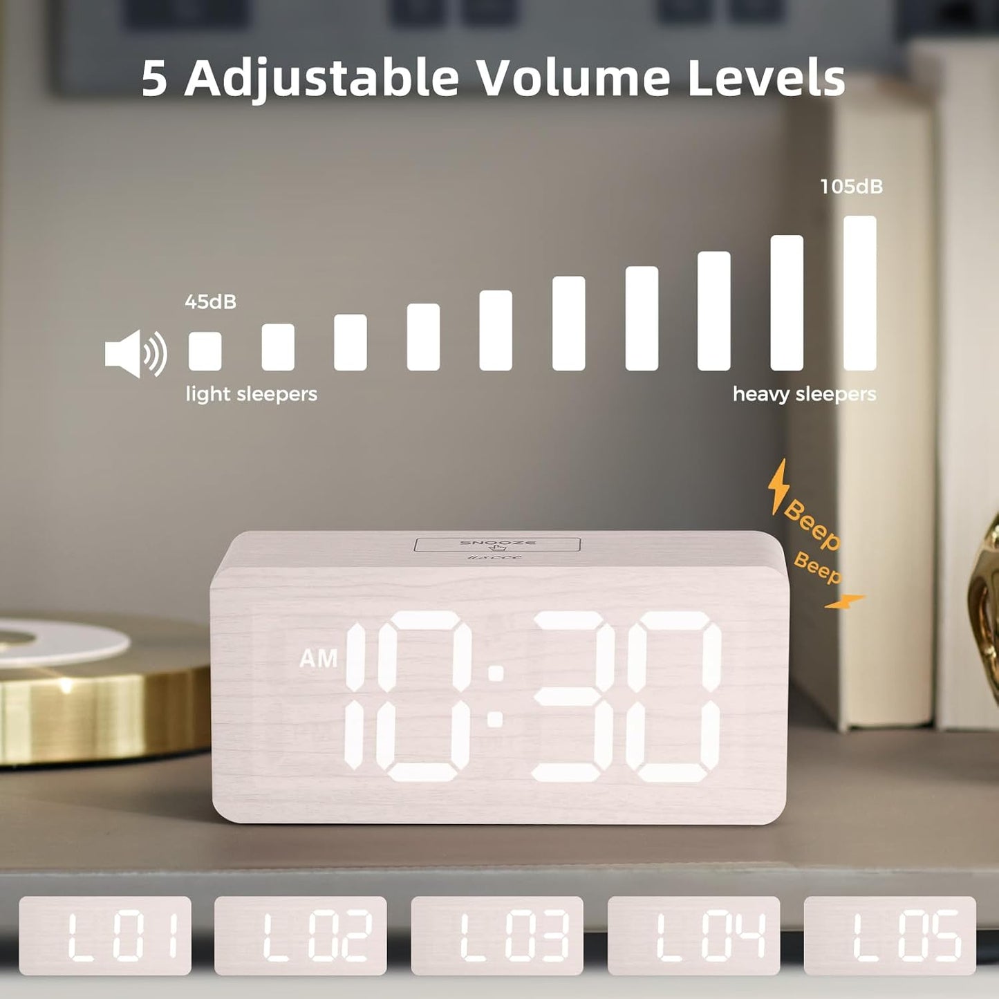 uscce Wooden Digital Alarm Clocks for Bedrooms: Dimmable Dual Alarm Clock with Large Numbers for Bedside Desk - Loud Alarm for Heavy Sleepers with Volume Control - Wood Decor & Gifts