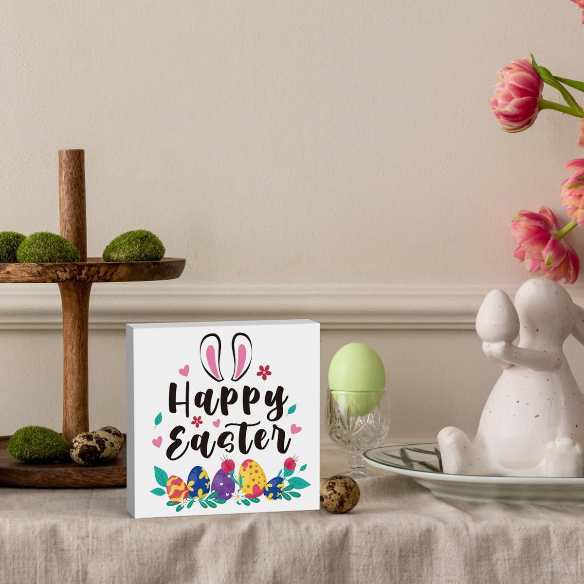 Rustic Farmhouse Bunny Easter Decorations Country Home Office Desk Decor Happy Easter Sign Cubicle Shelf Tabletop Tiered Tray Decor Gifts for Women 5 X 5 Inch