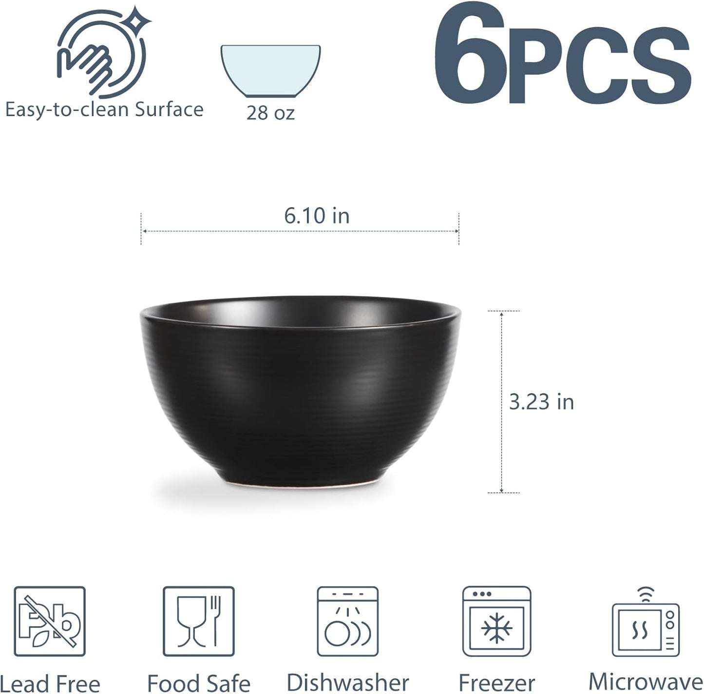 ONEMORE Cereal Bowls Set of 6, 28 oz Large Soup Bowls for Kitchen 6 inch Ceramic Salad Bowls Microwave Dishwasher Safe Deep Serving Bowl Set for Salad Dessert Rice, Black